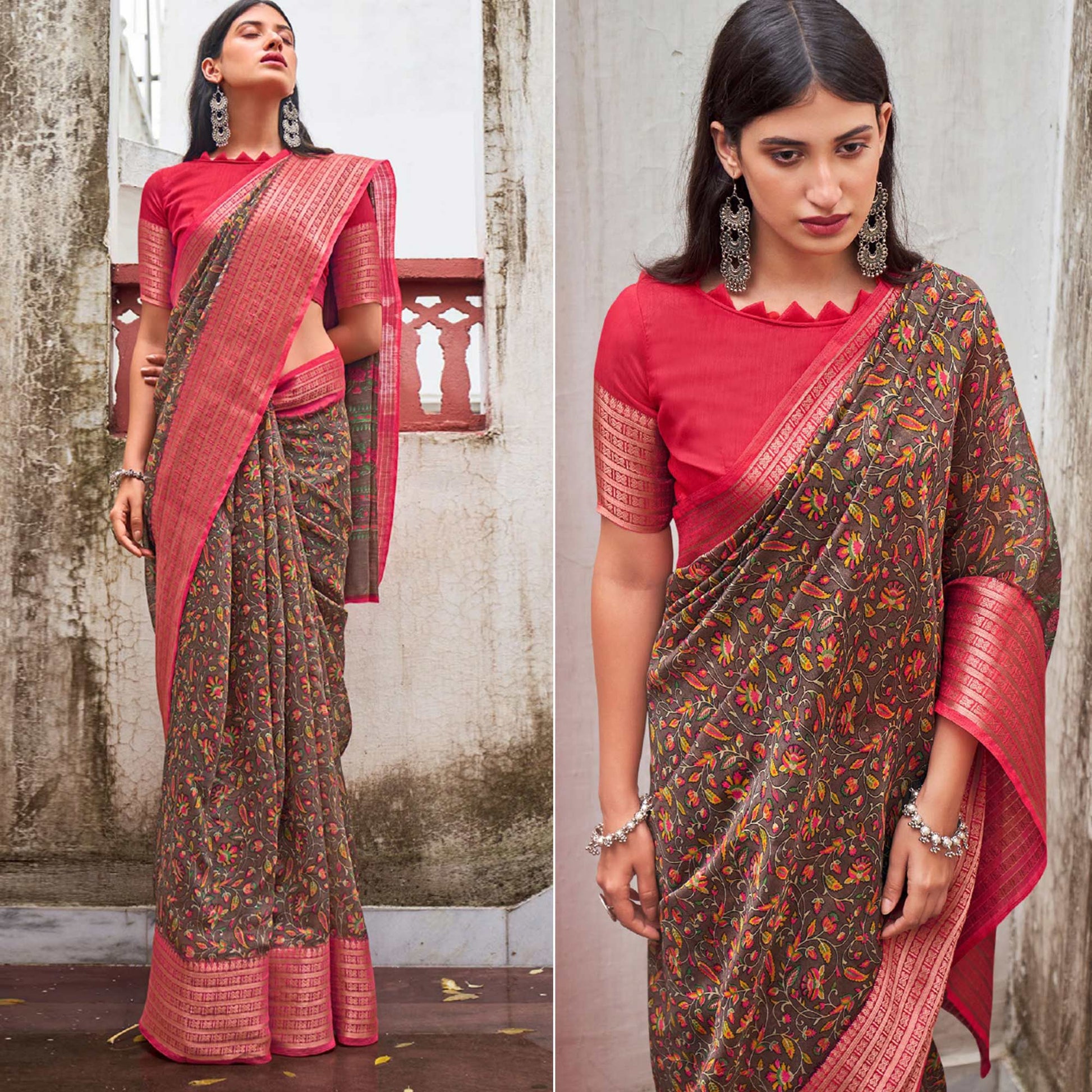 Brown Printed With Woven Border Raw Silk Saree