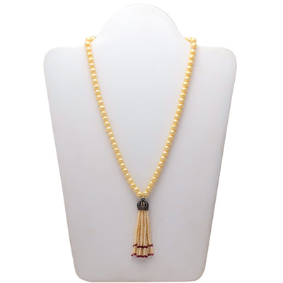 Cream Pearl Mala With Red Hangings