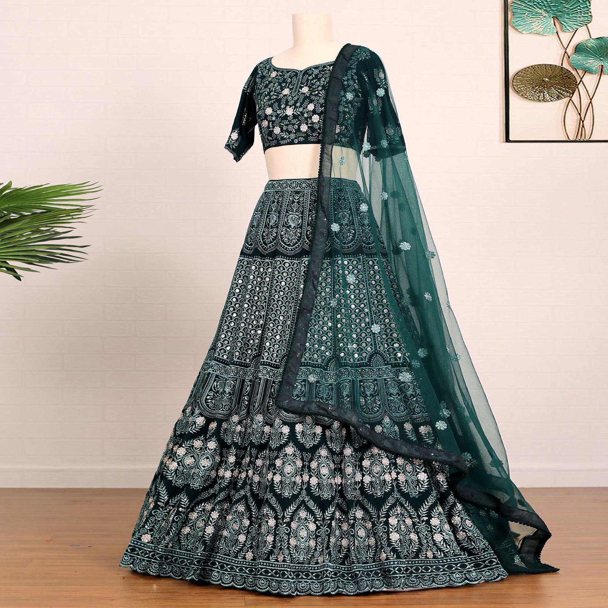 Bottle Green Sequins Embroidered Georgette Lehenga Choli