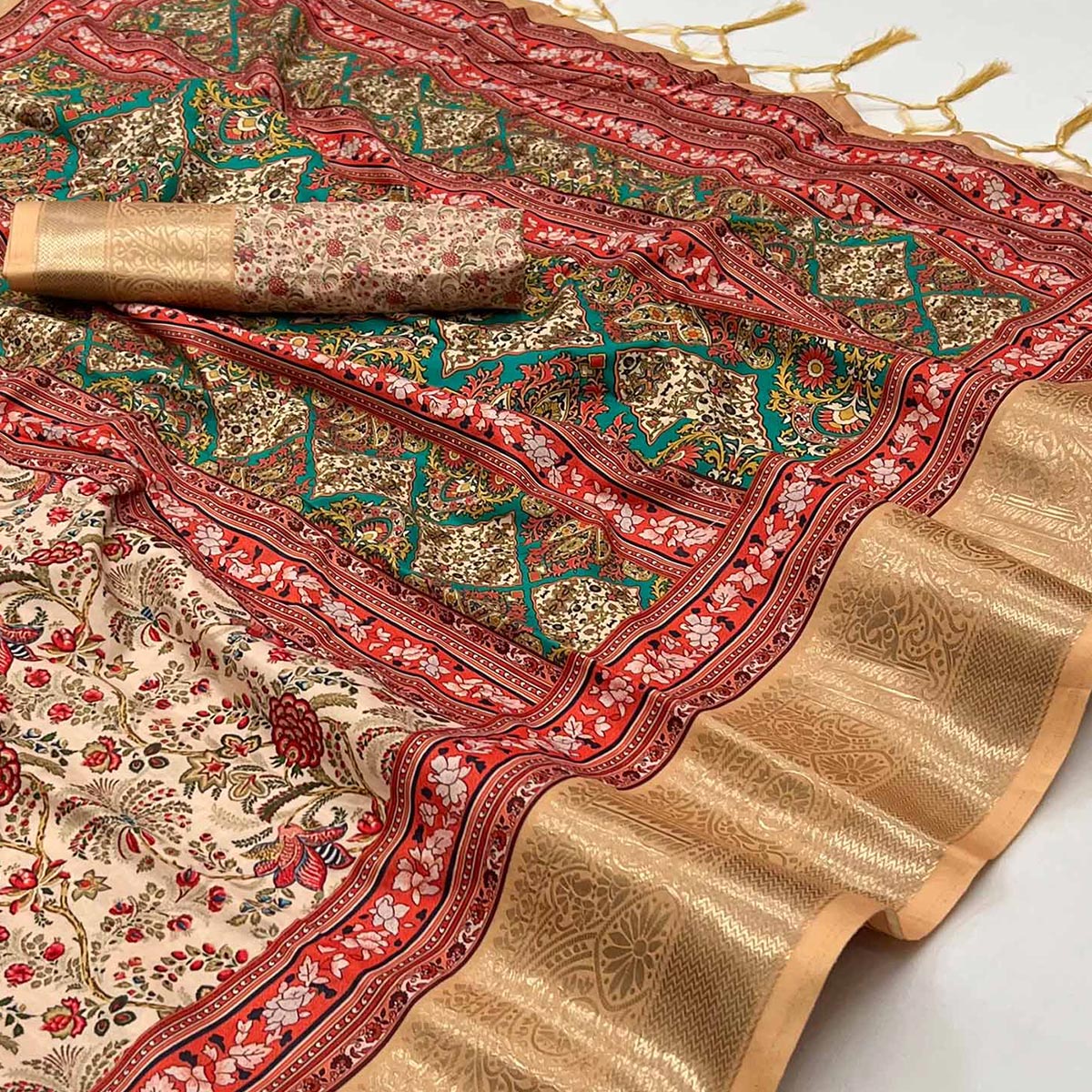 Chikoo Floral Digital Printed Pure Cotton Saree