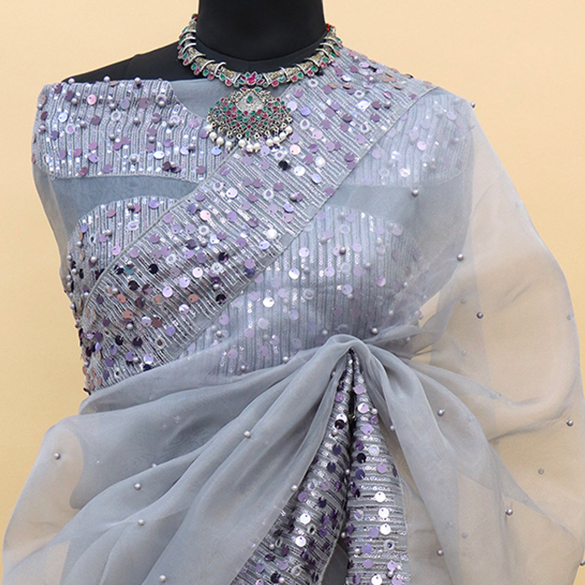 Grey Sequins Embroidered Organza Saree