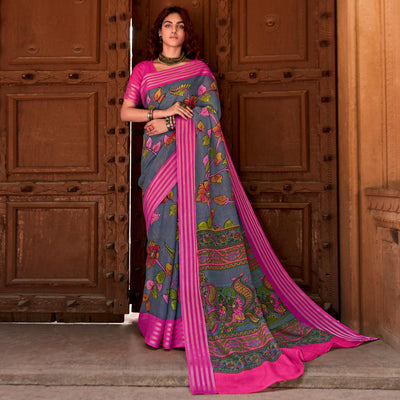 grey-floral-printed-linen-saree-1
