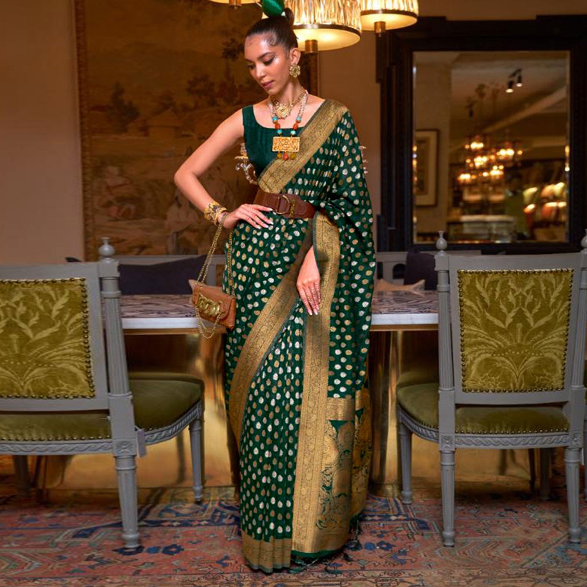 Bottle Green Woven Khadi Silk Saree With Tassels