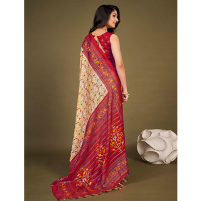 Cream Printed Jute Patola Saree With Tassels
