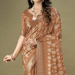 Brown Floral Printed Dola Silk Saree