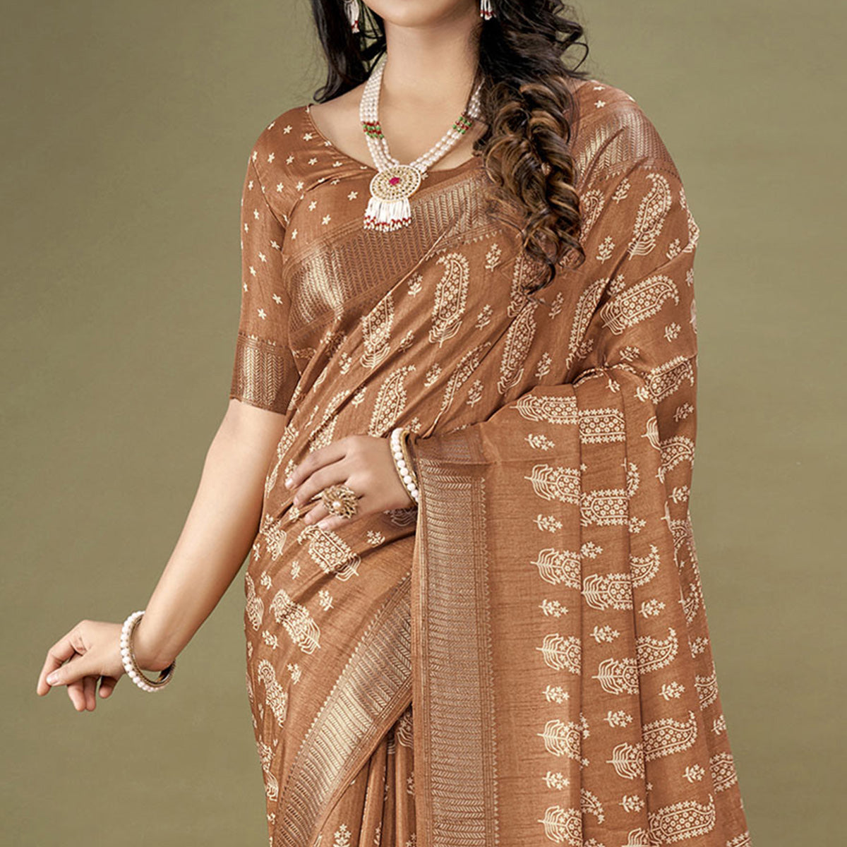 Brown Floral Printed Dola Silk Saree
