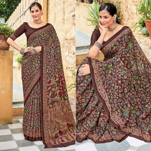 Brown Floral Printed Georgette Saree