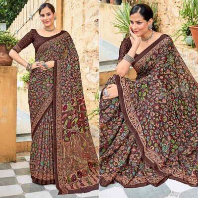 Brown Floral Printed Georgette Saree