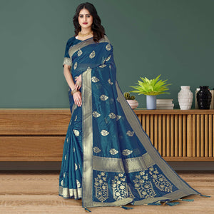 Blue Woven Art Silk Saree With Tassels