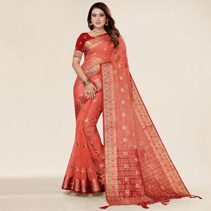 Gajari Pink Woven Organza Saree With Tassels