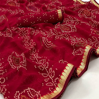 Dark Pink Bandhani Printed Georgette Saree With Designer Border