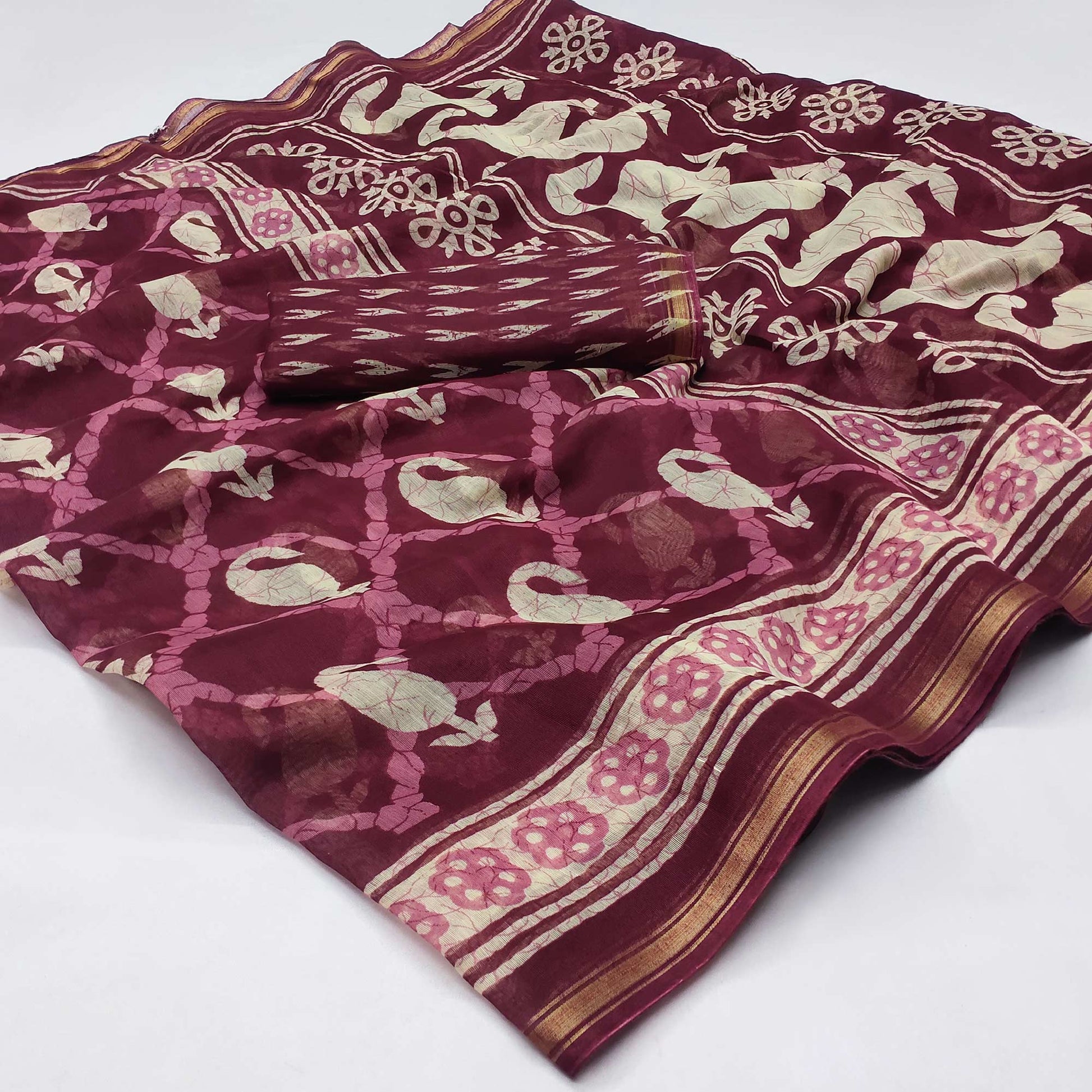 Maroon Printed Cotton Blend Saree