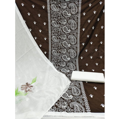 Brown Embroidered Cotton Blend Dress Material