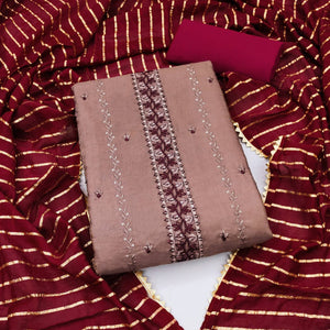 Brown Embroidered Sequins Cotton Blend Dress Material