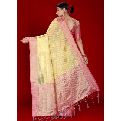 Lemon Yellow Floral Woven Organza Saree With Tassels
