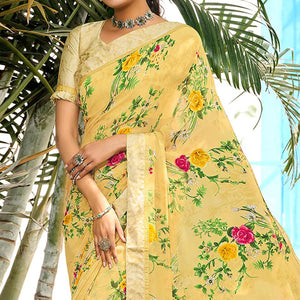 Lemon Yellow Floral Printed Georgette Saree