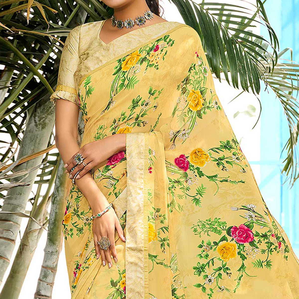 Lemon Yellow Floral Printed Georgette Saree