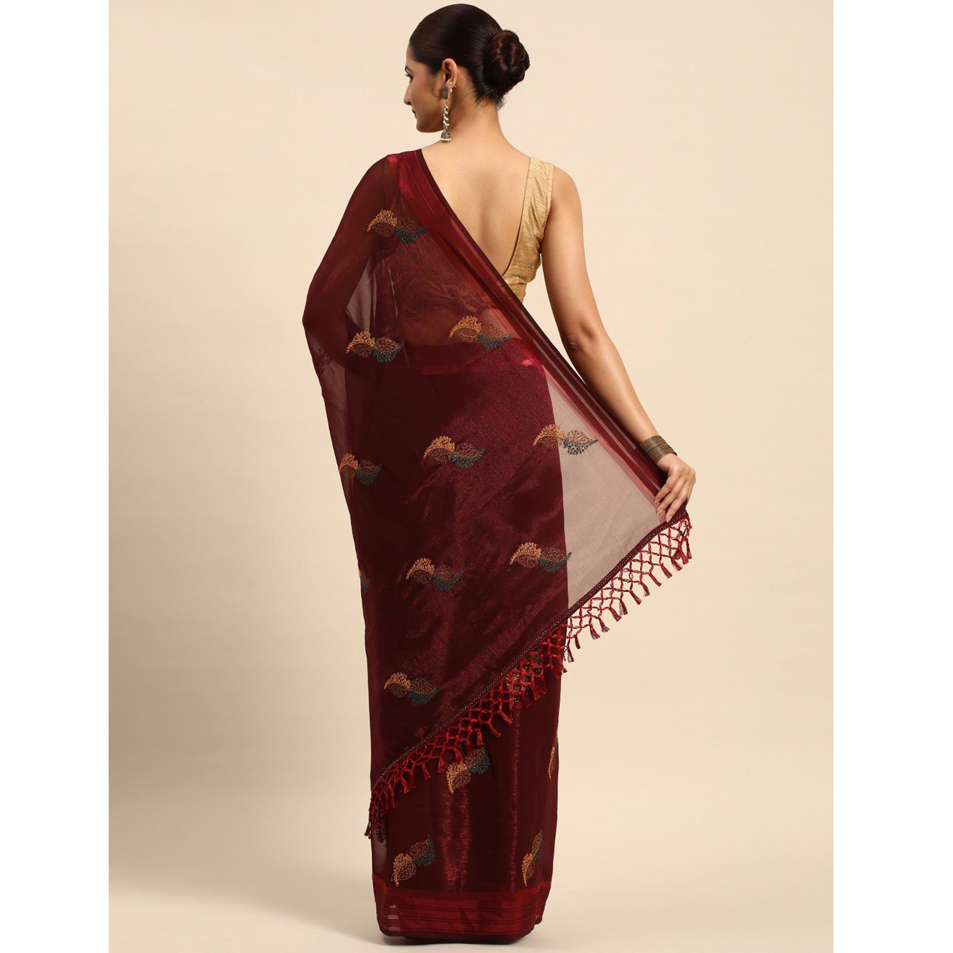 Maroon Swarovski With Embroidery Work Chiffon Saree