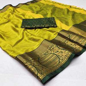 Lemon Green Woven Cotton Silk Saree With Tassels