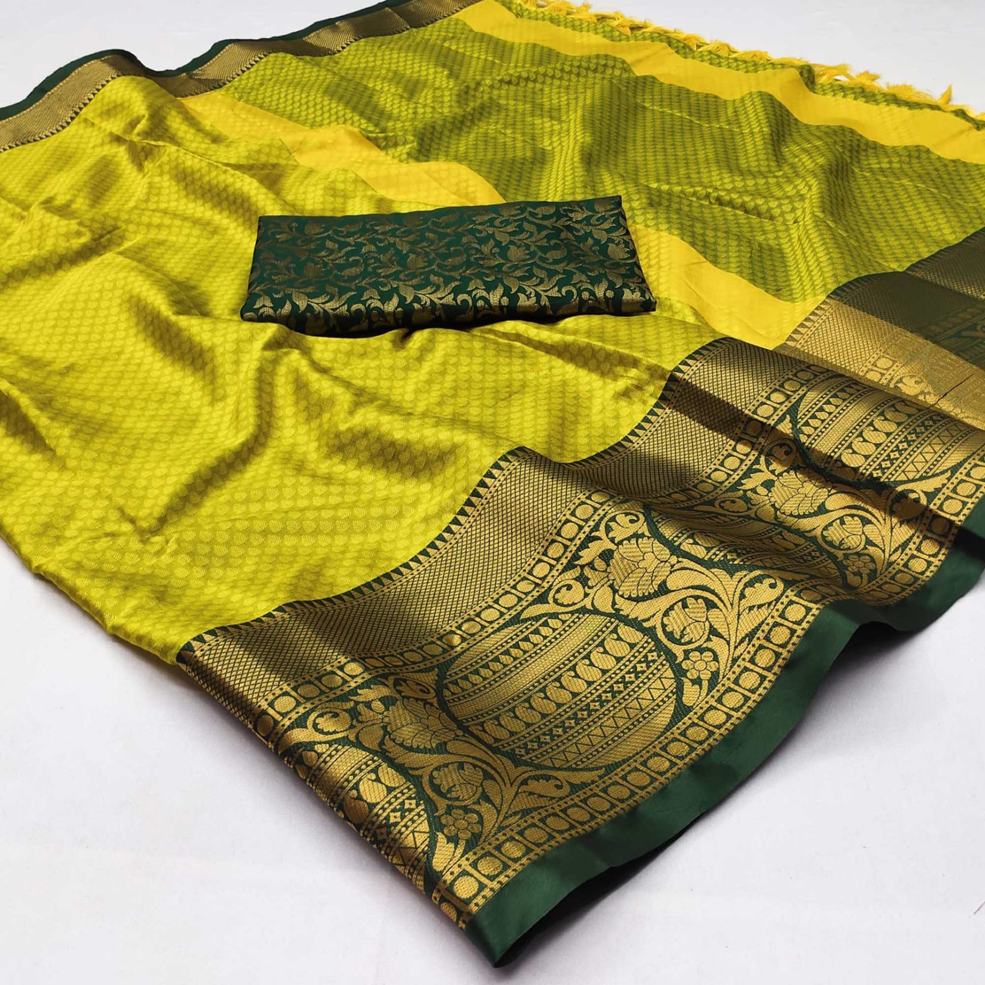 Lemon Green Woven Cotton Silk Saree With Tassels