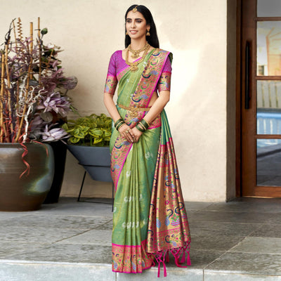 green-woven-kanjivaram-silk-paithani-saree-with-tassels