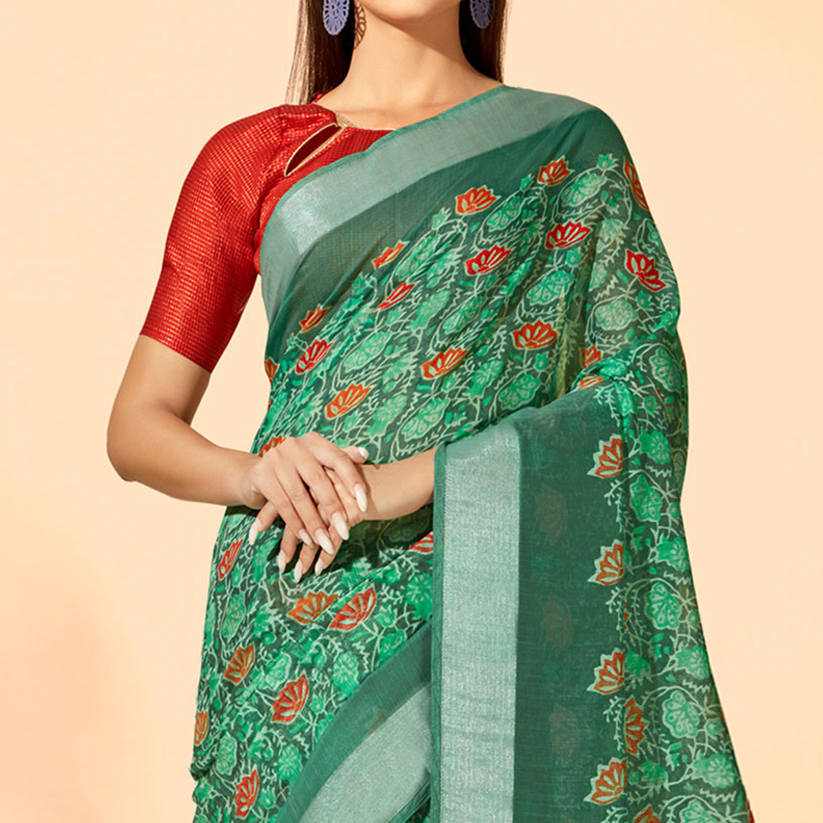green-printed-cotton-silk-saree-with-tassels-2