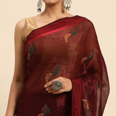 Maroon Swarovski With Embroidery Work Chiffon Saree
