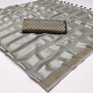 Grey Striped With Stone Work Georgette Saree