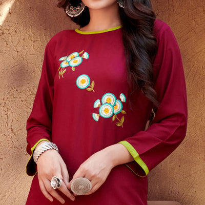 Maroon Floral Embroidered Rayon Kurti