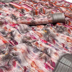 Multicolor Digital Printed Linen Saree