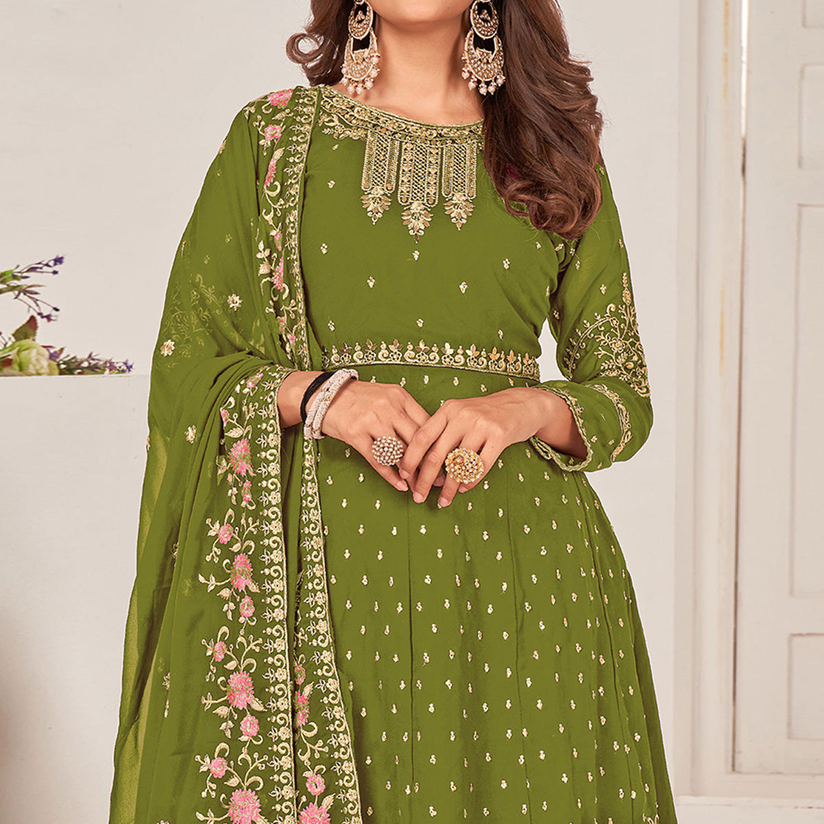 Mehendi Green Sequins Embroidered Georgette Sharara Suit