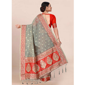 Grey Woven Organza Saree With Tassels