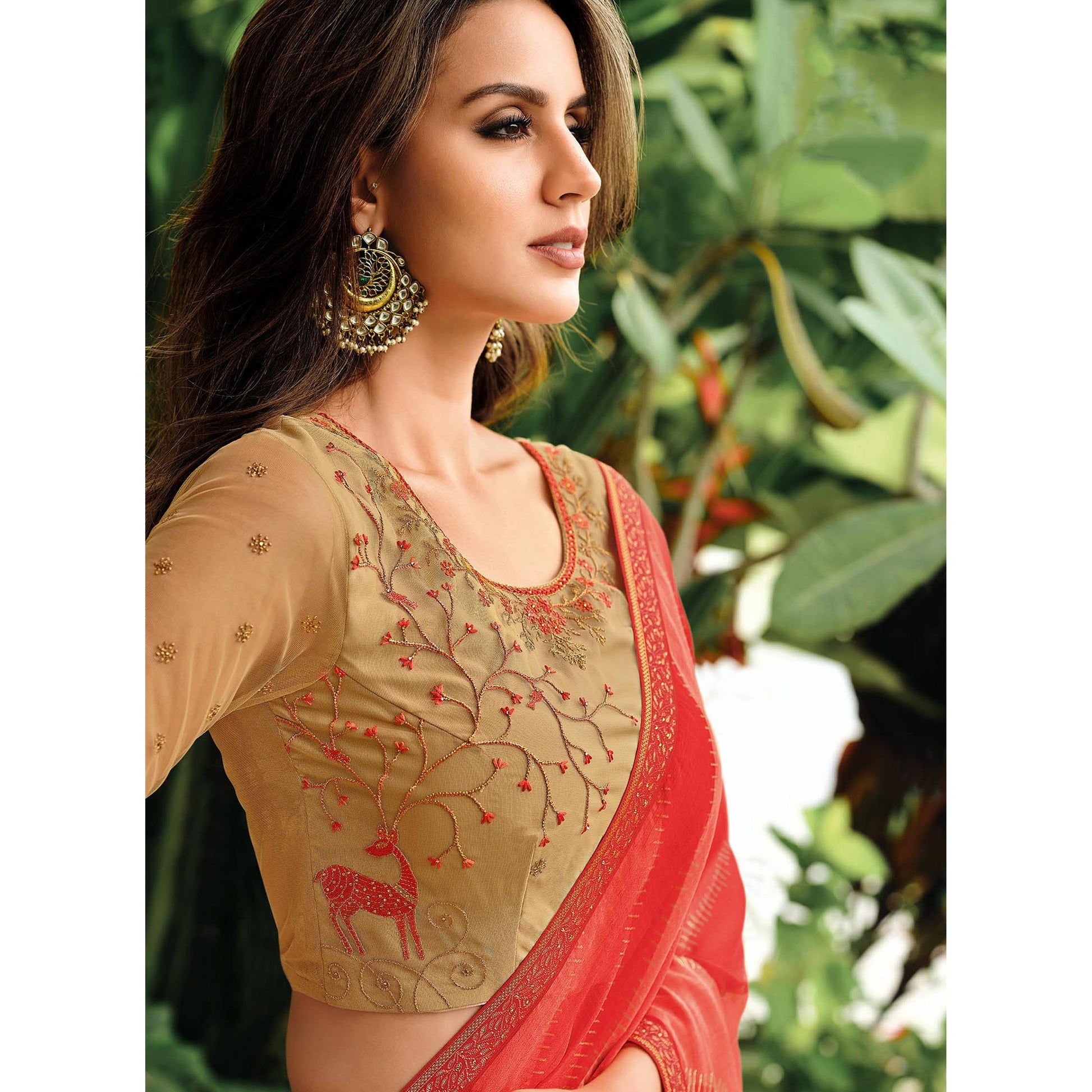 Gajari Pink Foil Printed Chiffon Saree