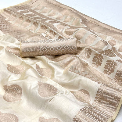 Cream Woven Raw Silk Saree