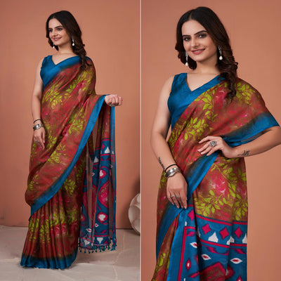 Brown Printed Jute Saree With Tassels