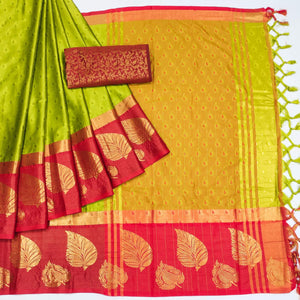 Lemon Green & Red Woven Cotton Silk Saree With Tassels