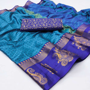 Blue Woven Cotton Silk Saree With Tassels