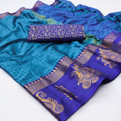 Blue Woven Cotton Silk Saree With Tassels