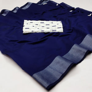 Blue Solid Chanderi Saree With Tassels