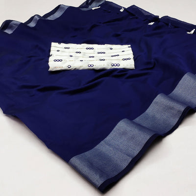 Blue Solid Chanderi Saree With Tassels
