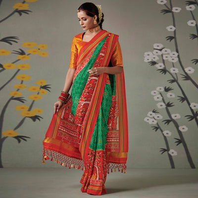green-printed-patola-art-silk-saree-with-tassels