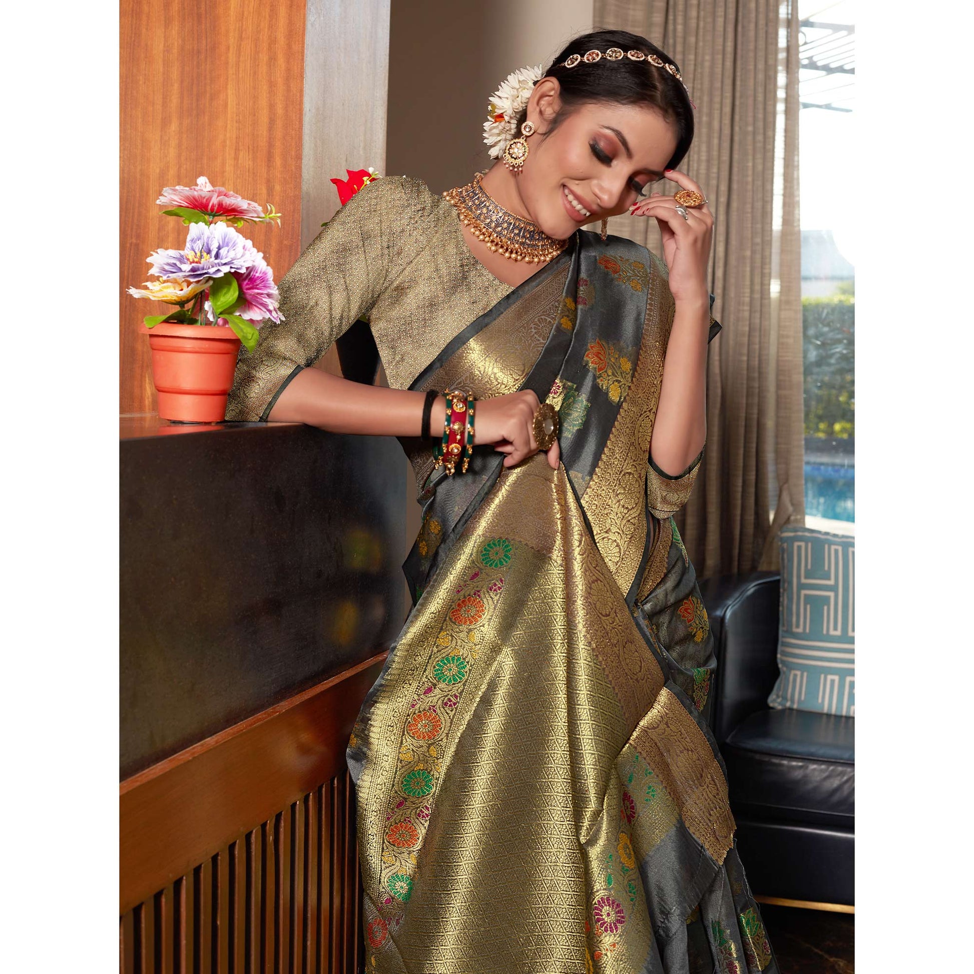 a-grey-floral-woven-organza-saree