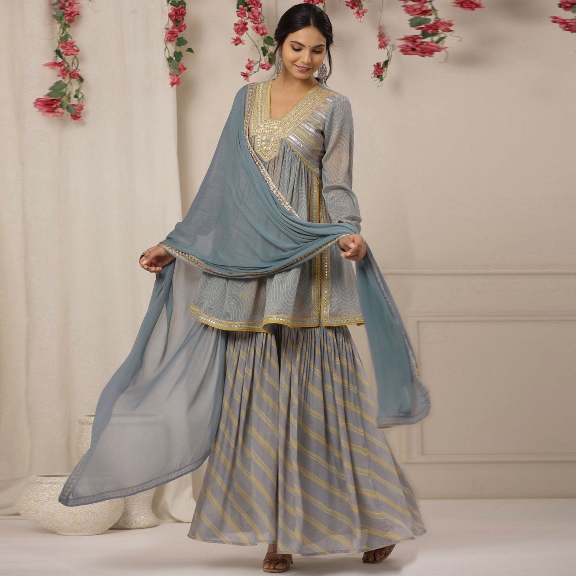 Grey Printed With Embroidered Chiffon Sharara Suit