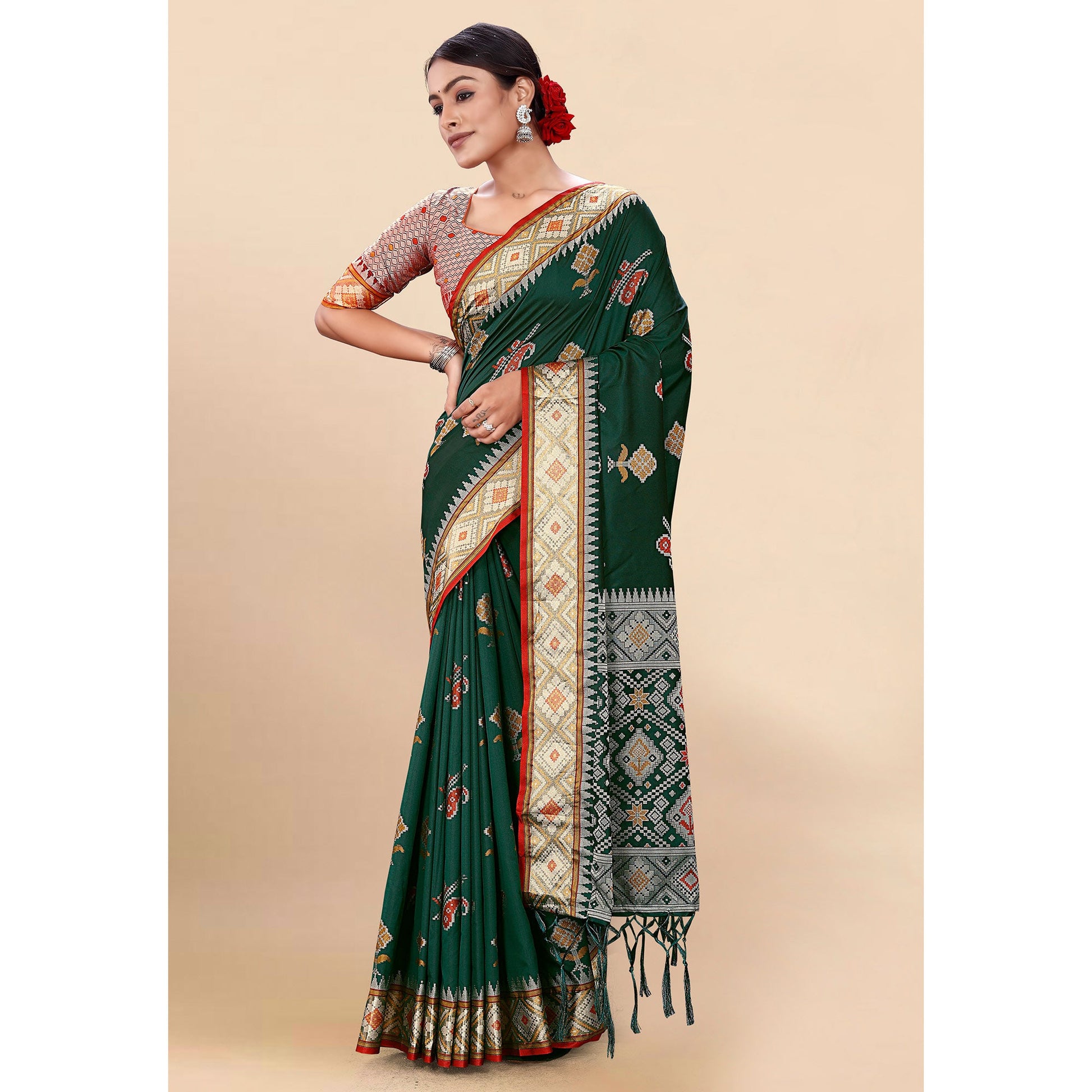 Dark Green Woven Patola Art Silk Saree With Tassels