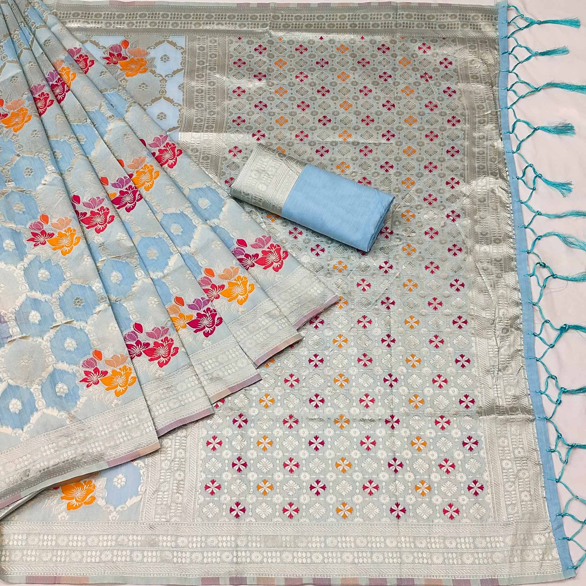 Blue Woven Jacquard Saree With Tassels