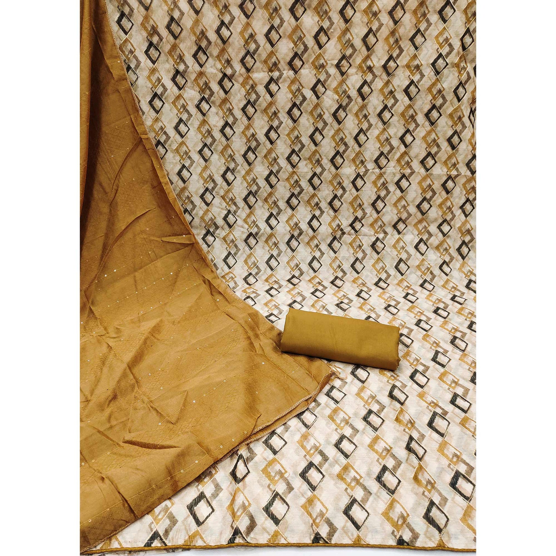 Cream Digital Printed With Embroidered Chanderi Dress Material