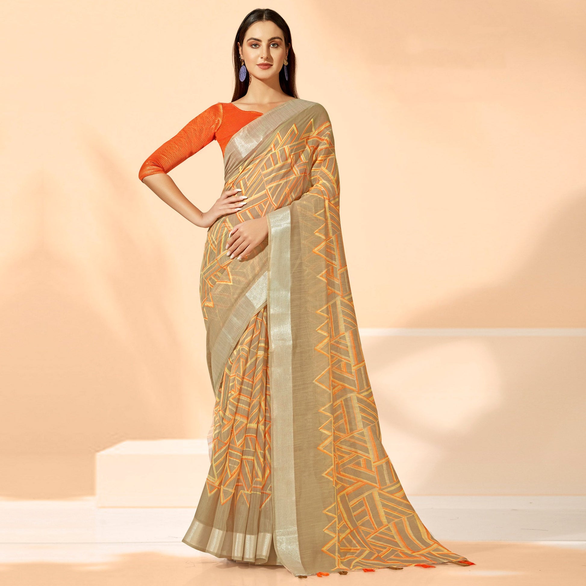 Chikoo Printed Cotton Silk Saree With Tassels