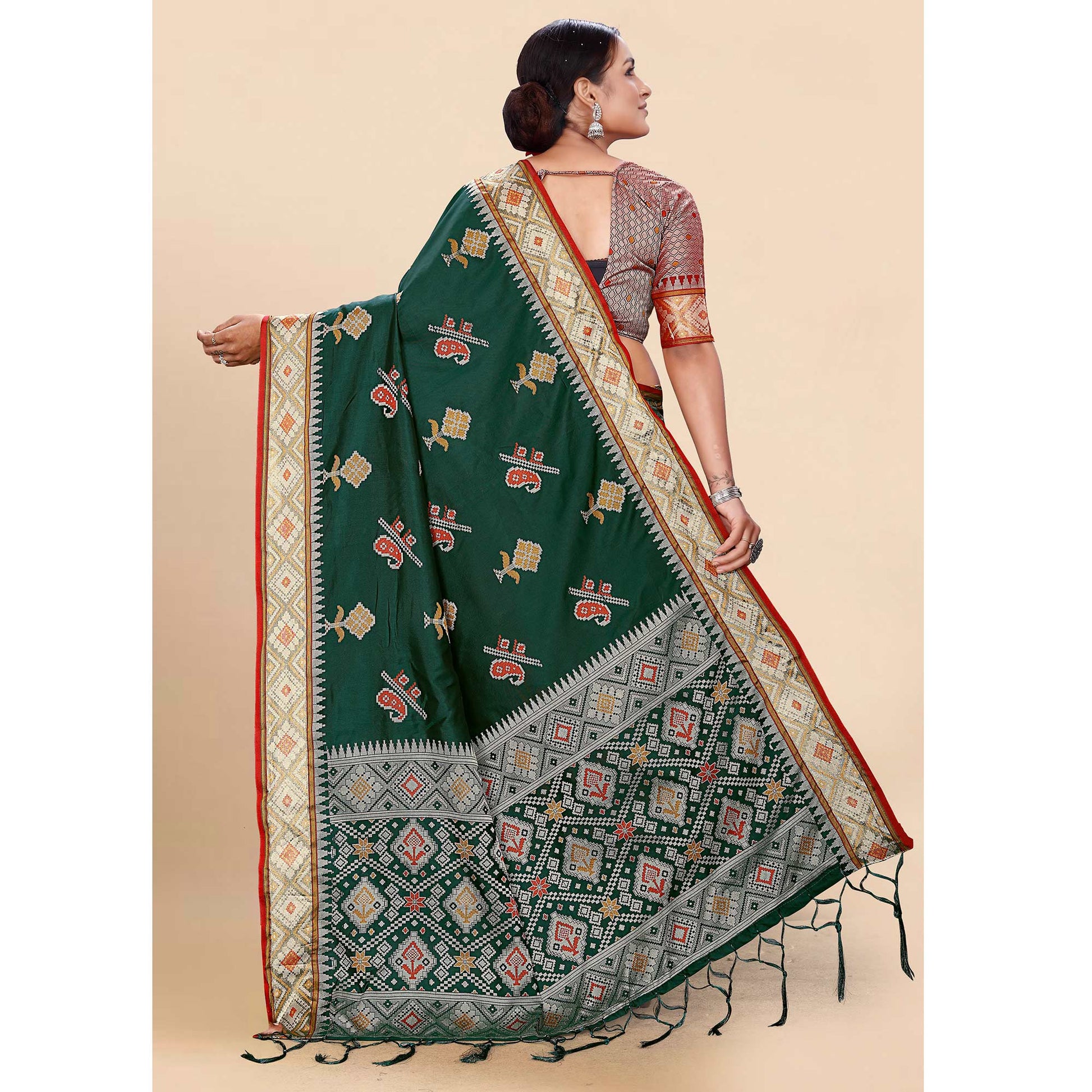 Dark Green Woven Patola Art Silk Saree With Tassels