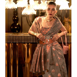 Brown Woven Linen Saree With Tassels