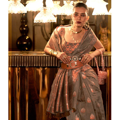 Brown Woven Linen Saree With Tassels